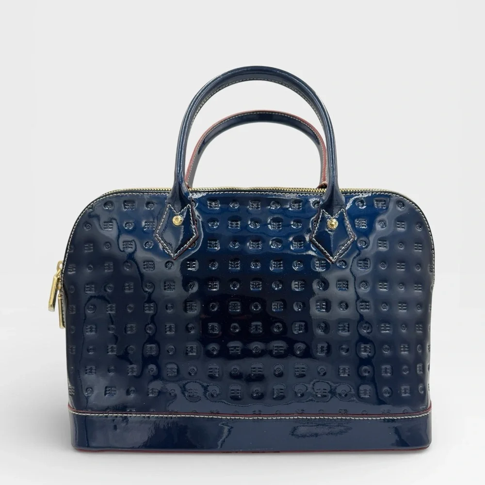 Arcadia Italy Navy Patent Leather Embossed Dome Satchel Handbag – Made in Italy - Picture 1 of 9